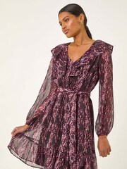 Roman Pink Animal Print Frill V-Neck Dress - Image 4 of 5