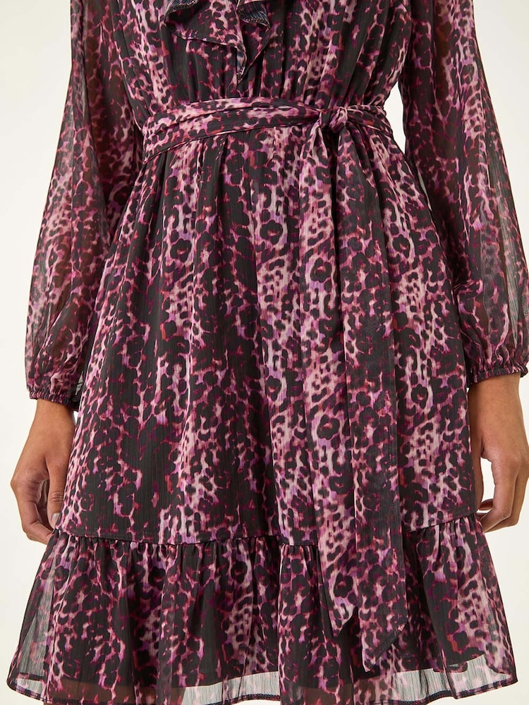 Roman Pink Animal Print Frill V-Neck Dress - Image 5 of 5