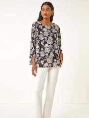 Roman Black Floral Print Double Layer Tunic Top - Image 2 of 5