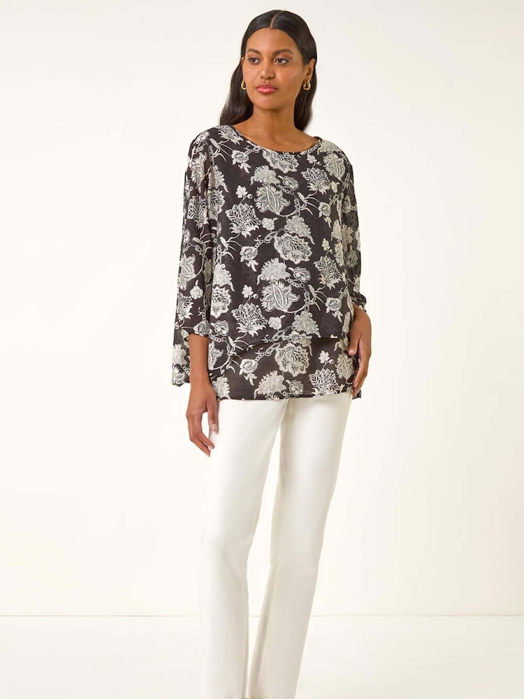 Roman Black Floral Print Double Layer Tunic Top - Image 2 of 5
