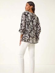 Roman Black Floral Print Double Layer Tunic Top - Image 3 of 5