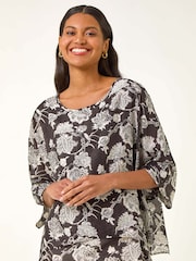 Roman Black Floral Print Double Layer Tunic Top - Image 4 of 5