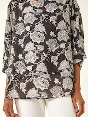 Roman Black Floral Print Double Layer Tunic Top - Image 5 of 5