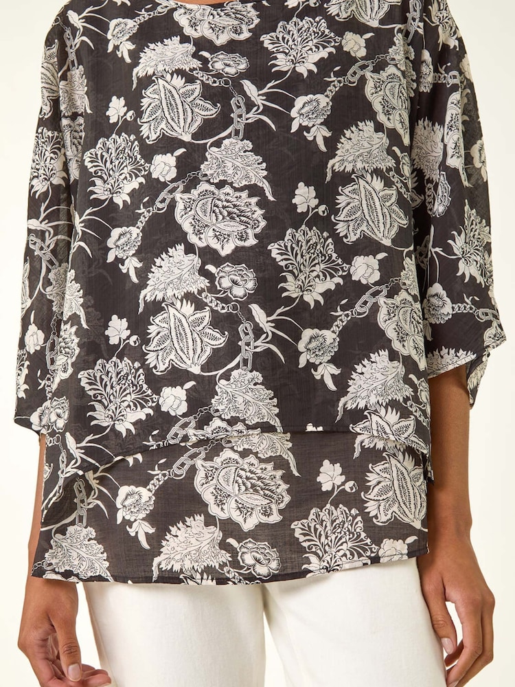 Roman Black Floral Print Double Layer Tunic Top - Image 5 of 5