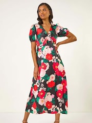 Vestido midi de cetim com estampa floral e manga bufante romana - Imagem 1 de 5