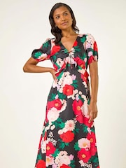Vestido midi de cetim com estampa floral e manga bufante romana - Imagem 2 de 5
