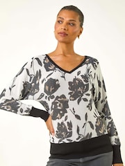 Roman Floral Print V-Neck Knit Jumper - Imagem 1 de 5