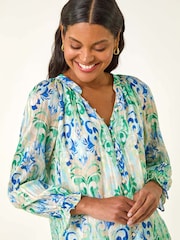 Roman Blue Printed Metallic Button Blouse - Image 1 of 5