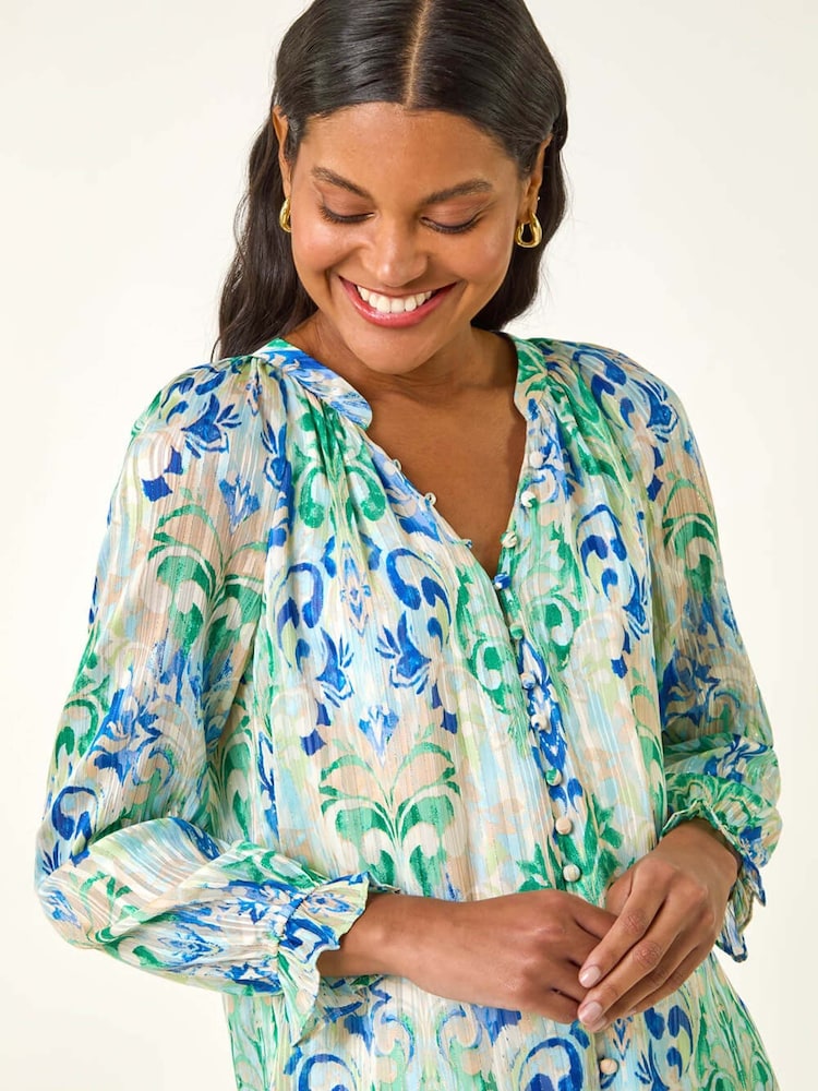 Roman Blue Printed Metallic Button Blouse - Image 1 of 5