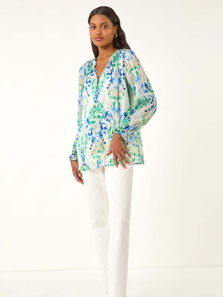 Roman Blue Printed Metallic Button Blouse - Image 2 of 5