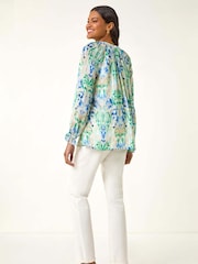 Roman Blue Printed Metallic Button Blouse - Image 3 of 5