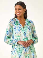 Roman Blue Printed Metallic Button Blouse - Image 4 of 5