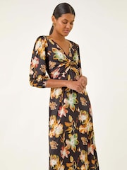 Alaranjado - Roman floral  Print e frente torcida Midi Dress - Imagem 2 de 5
