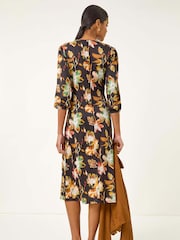 Alaranjado - Roman floral  Print e frente torcida Midi Dress - Imagem 3 de 5