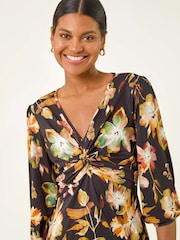 Alaranjado - Roman floral  Print e frente torcida Midi Dress - Imagem 4 de 5
