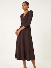 Roman Brown Textured Wrap Midi Dress - Image 1 of 5