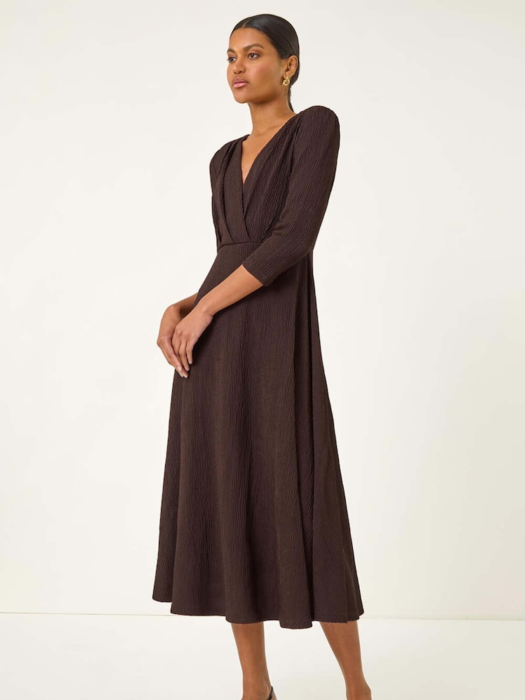 Roman Brown Textured Wrap Midi Dress - Image 1 of 5
