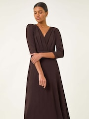 Roman Brown Textured Wrap Midi Dress - Image 3 of 5