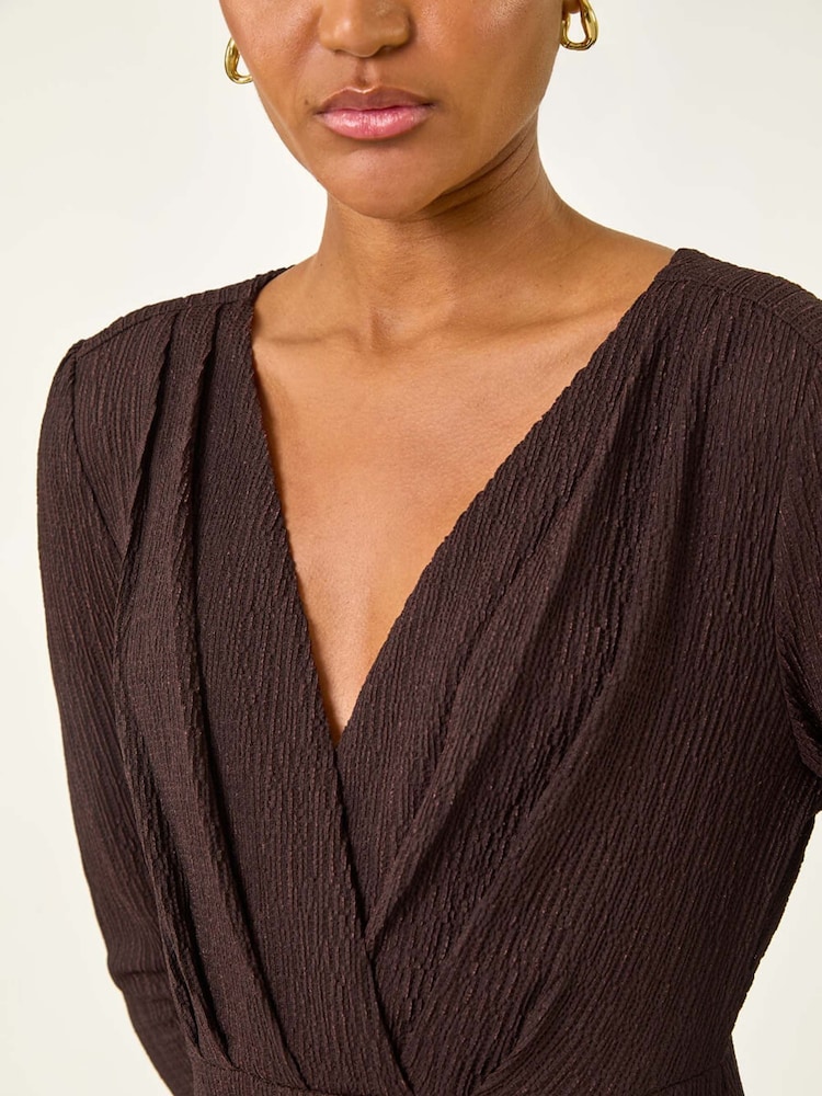 Roman Brown Textured Wrap Midi Dress - Image 5 of 5