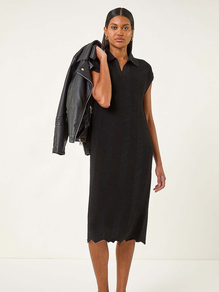 Womens Roman Black Textured Zig Zag Knit Midi Dress US 8