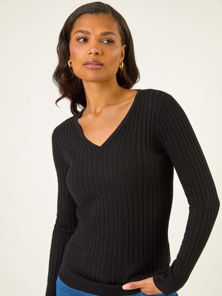 Roman Black V-Neck Ribbed Knit Jumper - Image 1 of 5