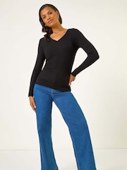 Roman Black V-Neck Ribbed Knit Jumper - Image 2 of 5