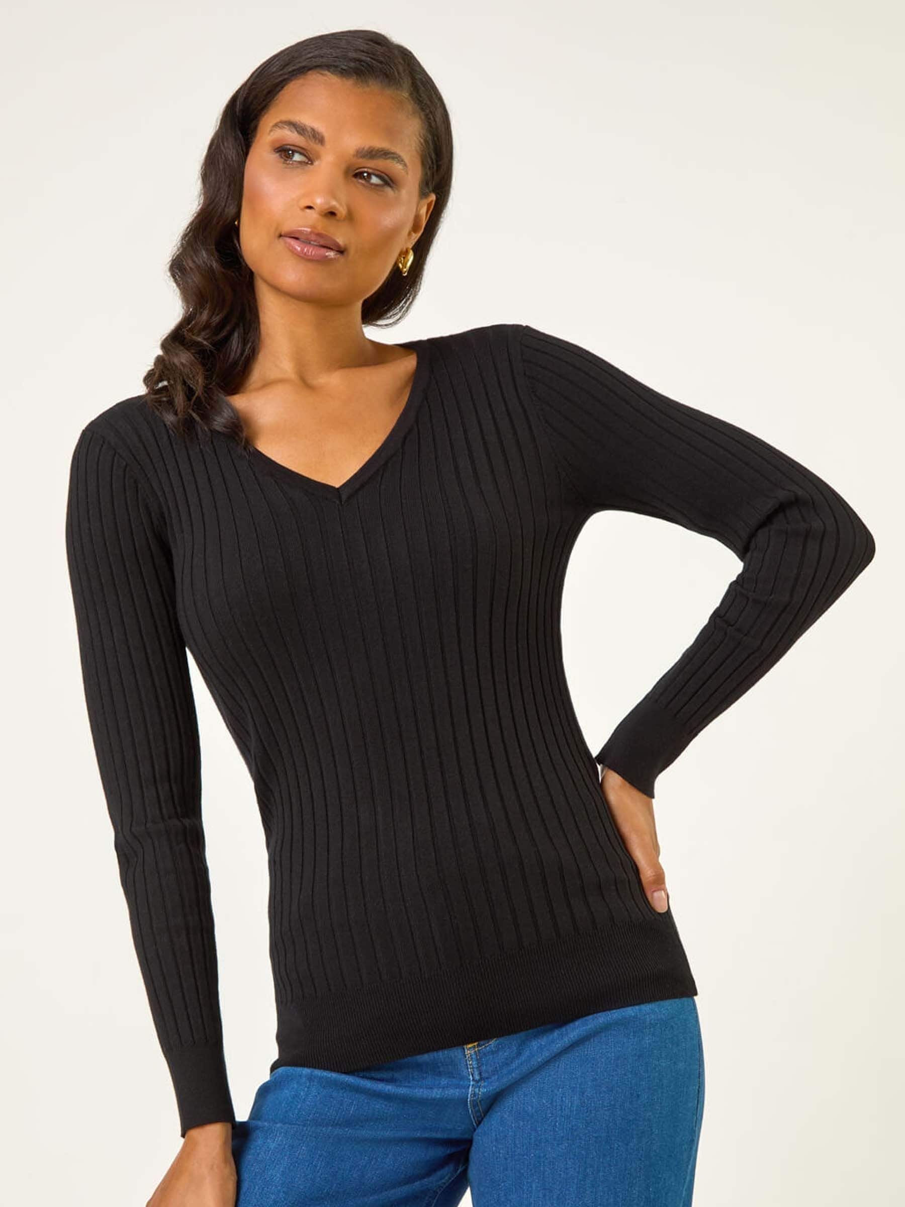 Buy Roman Black V-Neck Ribbed Knit Jumper from Next India