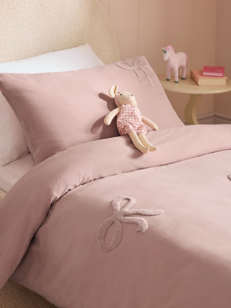 Pink Tufted Bows Cotton Duvet Cover and Pillowcase Set - Image 2 of 4