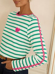 Love & Roses Green Stripe Heart Ric Rac Trim Petite Long Sleeve Top - Image 2 of 4