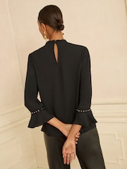 Love & Roses Black Heart Petite Hardware Detail Flute Sleeve Blouse - Image 3 of 4