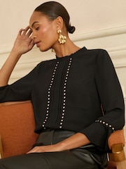 Love & Roses Black Heart Petite Hardware Detail Flute Sleeve Blouse - Image 4 of 4