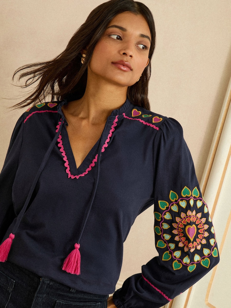 Love & Roses Navy Heart Ric Rac Petite Embroidered Notch Neck Long Sleeve Top - Image 2 of 4