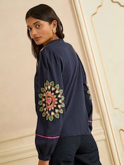 Love & Roses Navy Heart Ric Rac Petite Embroidered Notch Neck Long Sleeve Top - Image 4 of 4