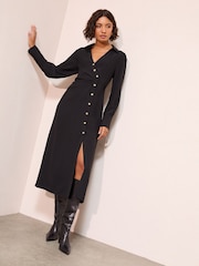 Friends Like These Black Long Sleeve Side Button Detail Midi Shirt Dress - Image 1 of 5