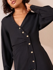 Friends Like These Black Long Sleeve Side Button Detail Midi Shirt Dress - Image 2 of 5