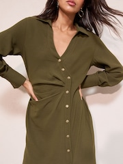 Friends Like These Khaki Green Long Sleeve Side Button Detail Midi Shirt Dress - Image 2 of 4