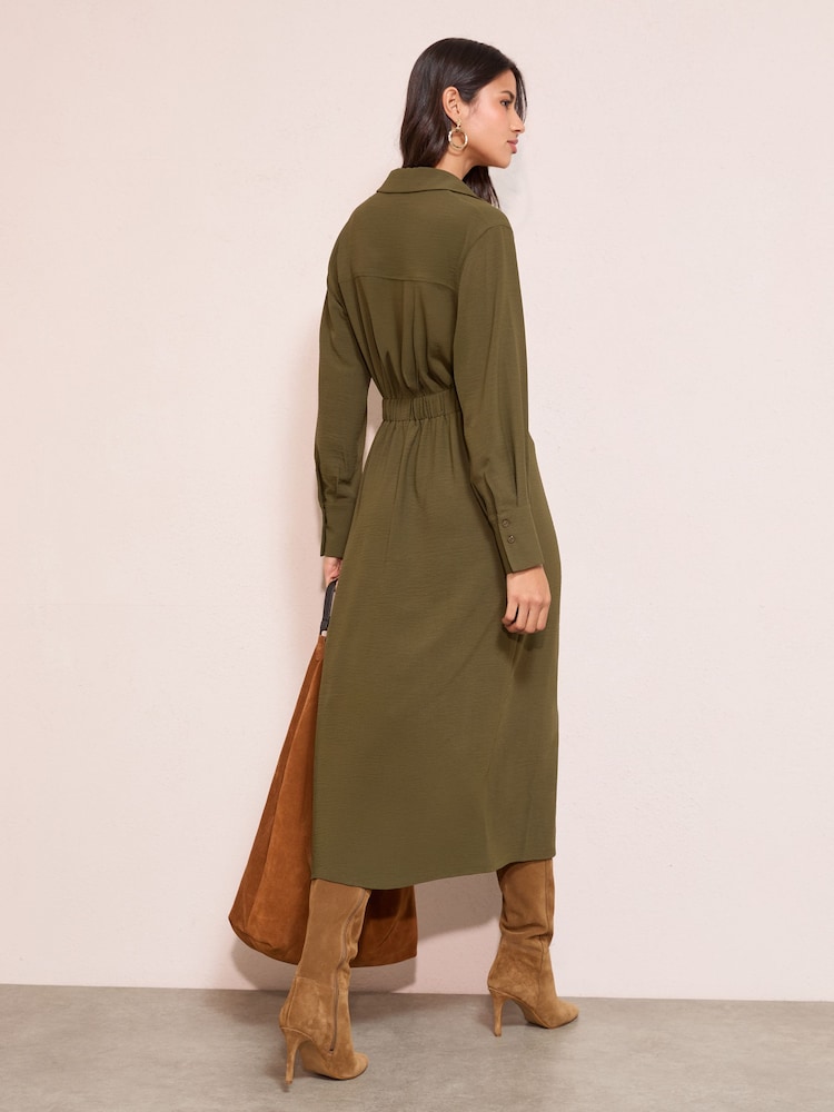 كاكي أخضر - Friends Like These Long Sleeve Side Button Detail Midi Shirt Dress - Image 4 of 4 كاكي أخضر - Friends Like These Long Sleeve Side Button Detail Midi Shirt Dress - Image 4 of 4