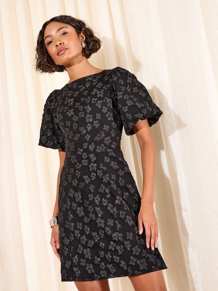 Friends Like These Black Puff Sleeve Floral Jaqcuard Mini Dress - Image 1 of 4