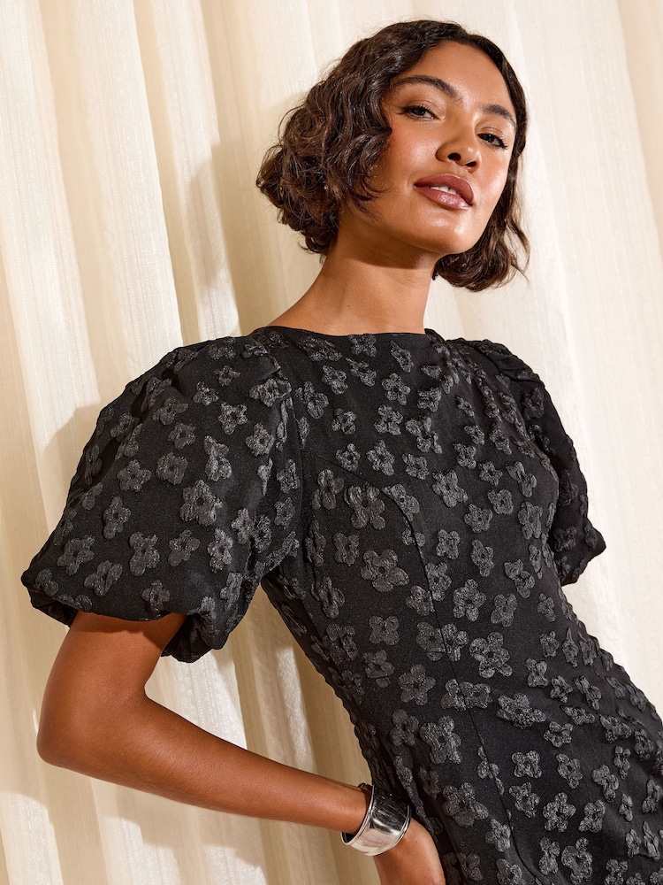 Friends Like These Black Puff Sleeve Floral Jaqcuard Mini Dress - Image 2 of 4