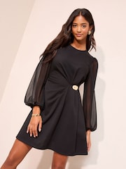 Friends Like These Black Sheer Long Sleeve Hardware Detail Mini Dress - Image 1 of 4