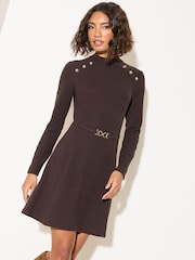 Friends Like These Chocolate Brown Long Sleeve Button Shoulder Beleted Mini Dress - Image 2 of 5