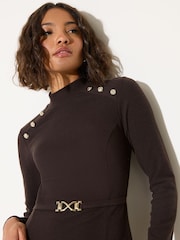 Friends Like These Chocolate Brown Long Sleeve Button Shoulder Beleted Mini Dress - Image 3 of 5