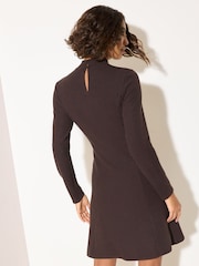 Friends Like These Chocolate Brown Long Sleeve Button Shoulder Beleted Mini Dress - Image 5 of 5