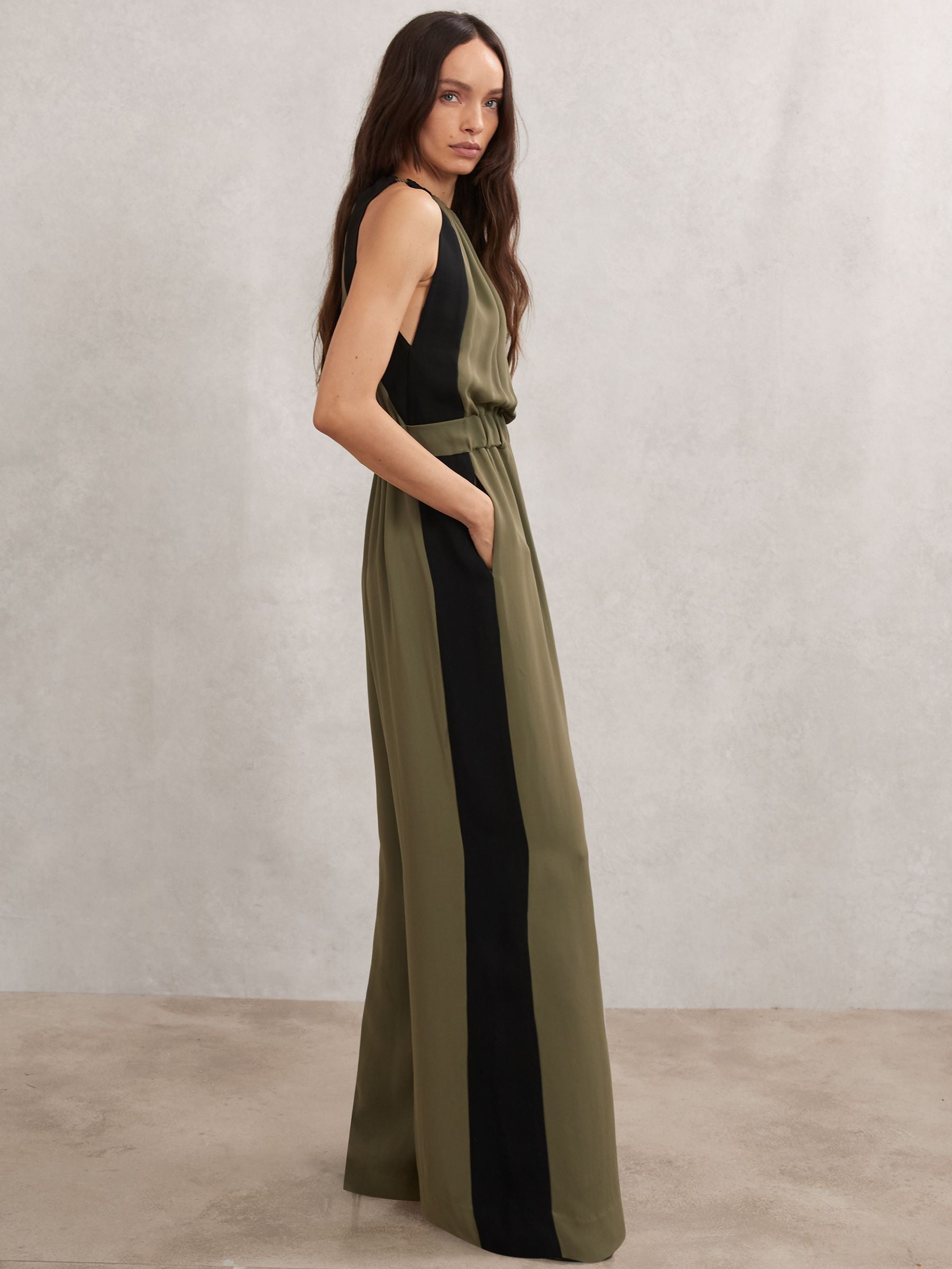 Buy Reiss Khaki Green/Black Inez Colourblock Gathered Wide-Leg