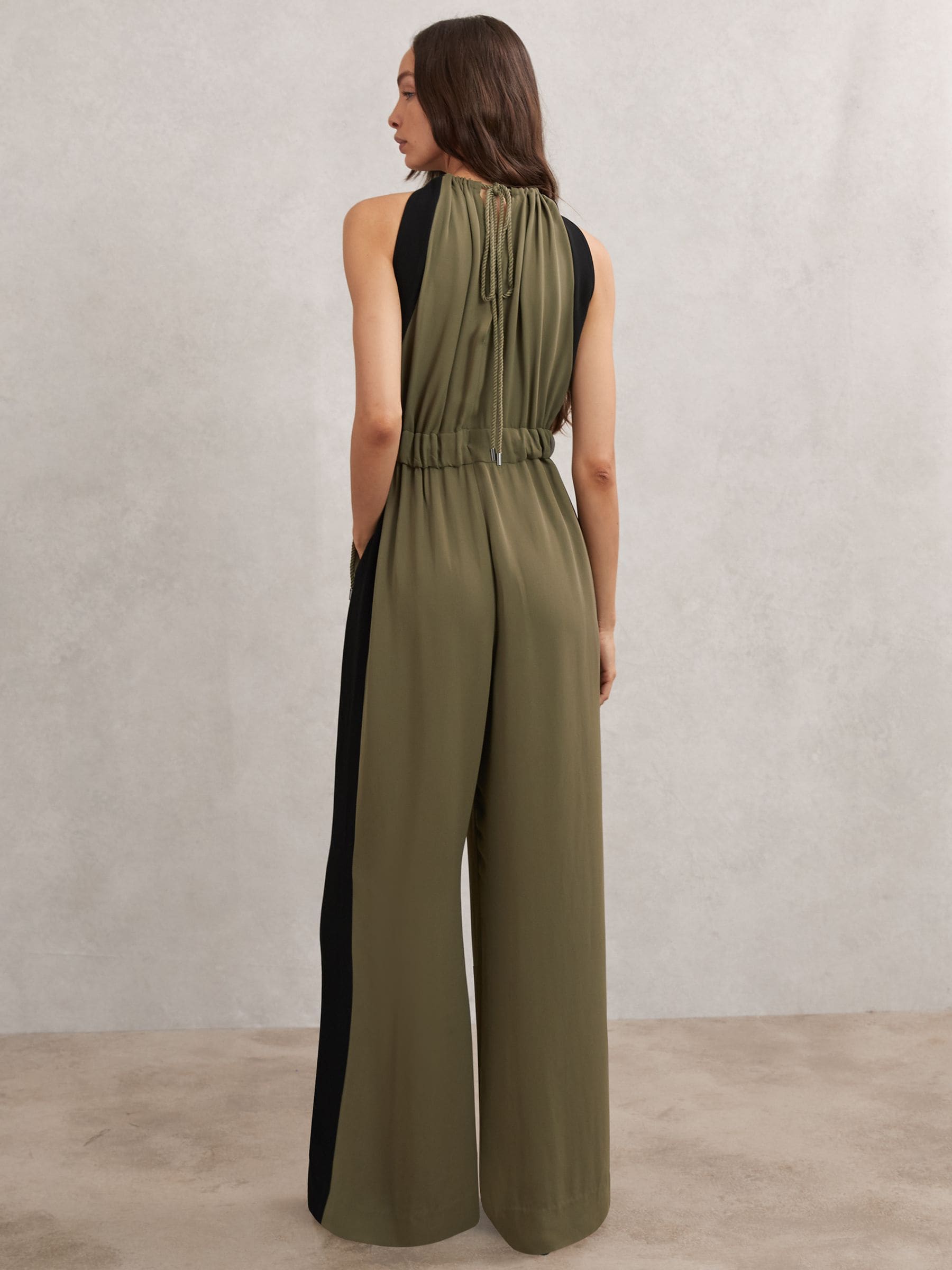 Buy Reiss Khaki Green/Black Inez Colourblock Gathered Wide-Leg