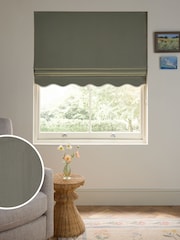 Green Olive/Light Natural Ready Made Blackout Thermal Scalloped Trim Cotton Roman Blinds - Image 1 of 8