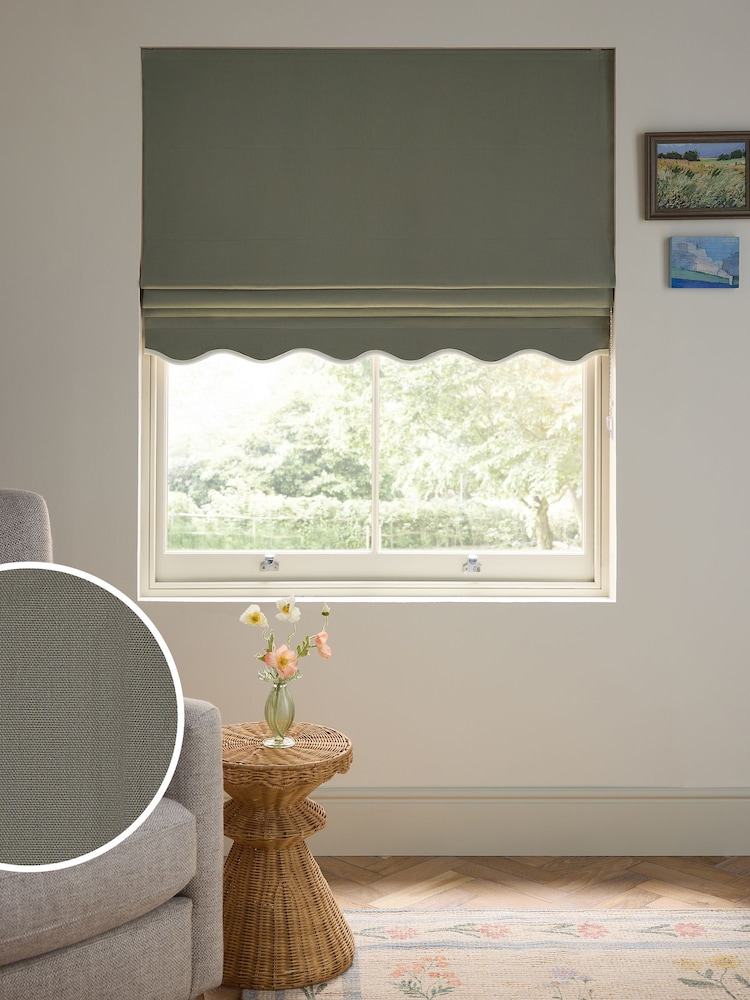 Green Olive/Light Natural Ready Made Blackout Thermal Scalloped Trim Cotton Roman Blinds - Image 1 of 8