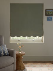 Green Olive/Light Natural Ready Made Blackout Thermal Scalloped Trim Cotton Roman Blinds - Image 3 of 8