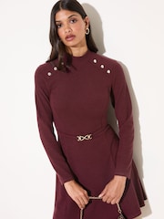 Friends Like These Berry Red Long Sleeve Button Shoulder Beleted Mini Dress - Image 3 of 4