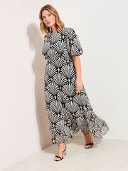 Friends Like These Black/White Geo Curve Puff Sleeve Tier Hem Midi Dress - Image 1 of 4